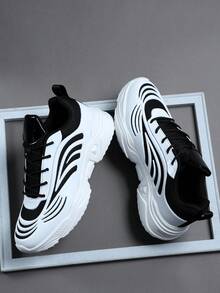 Men's Sports Shoes Casual Sneakers, Lace Up Soft Sole Flat Comfortable Academy Sports Shoes For Men, Lightweight Low-Top Daily Shoes - Black and White - View 1