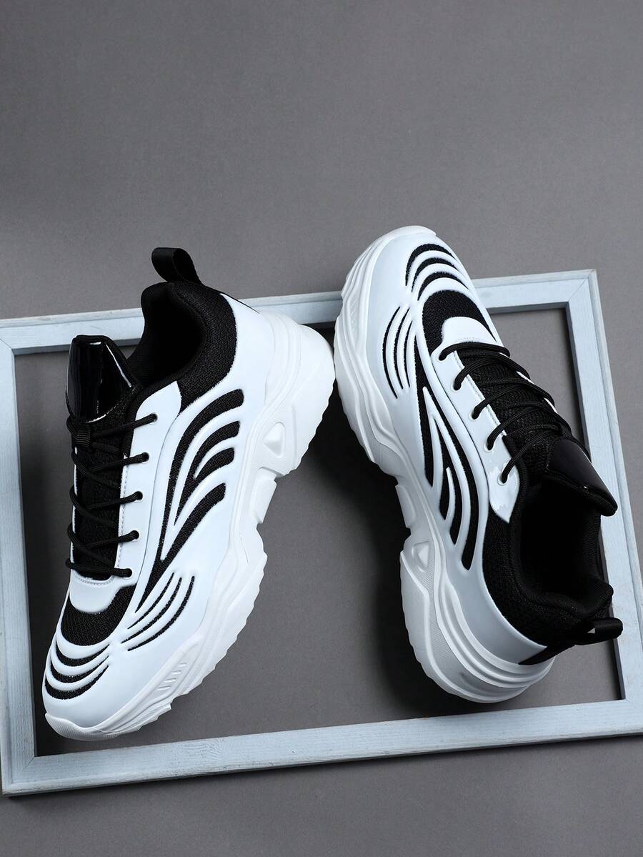 Men's Sports Shoes Casual Sneakers, Lace Up Soft Sole Flat Comfortable Academy Sports Shoes For Men, Lightweight Low-Top Daily Shoes - Black and White - View 1