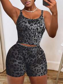 LovelyWholesale Women'S Casual Leopard Print Vest Top And Shorts Set Summer Vacation Outfits For Women - Black - View 1