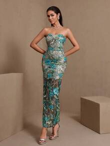Women's Elegant Beaded Double-Layer Bustier Formal Dress, Suitable For Wedding Guest - Green - View 1