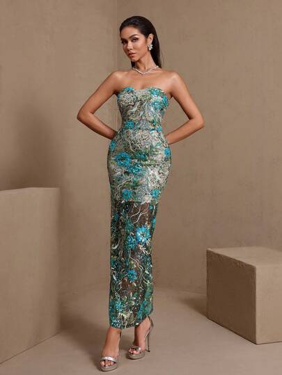 Women's Elegant Beaded Double-Layer Bustier Formal Dress, Suitable For Wedding Guest
