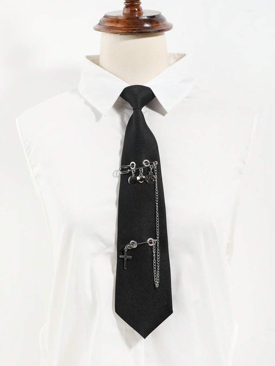 1pc Fashionable Men's Heart & Face Cross Chain Brooch Accessory, Black Tie Casual Versatile Suitable For Daily Outing, Commuting, Party Matching - A - View 1