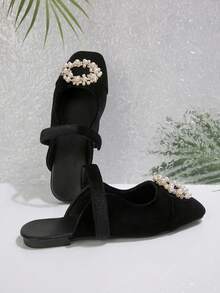 New Spring/Summer Velvet Slide Sandals, Fashionable Closed Toe Flat Slip-On Slippers For Women - Black - View 6