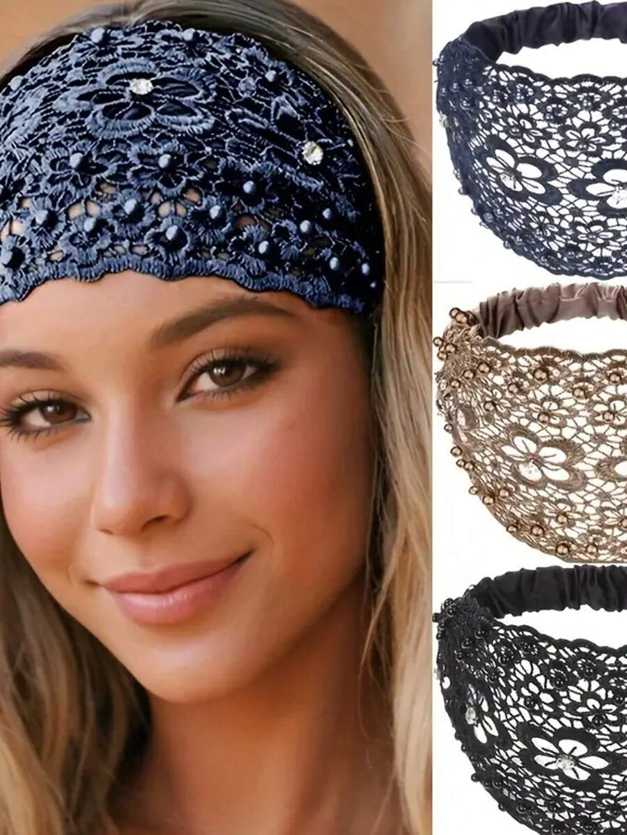 3pcs Vintage Floral Lace Headbands For Women, Wide Beaded Hair Accessories With Elastic Back Band, Fashion Headbands For Covering Gray Hair & Daily Casual Looks, Premium Hair Accessories For Women's Styling - 3件套 - 查看 1