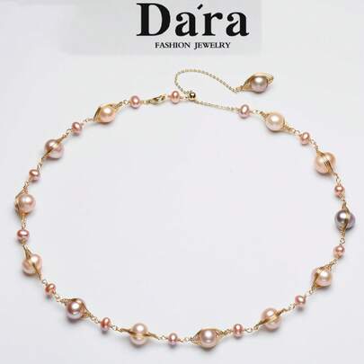 DARA Handwoven Lightweight Necklace With 8-10mm & 3-4mm Freshwater Pearls In Candy Colors, Ombre Gradient Design, Comes In Elegant Gift Box, A Sweet Gift For Lover Or Sister