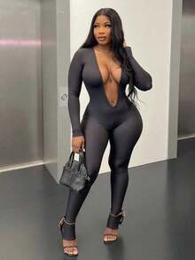 Women's Fashion Sexy Backless Deep V Long-Sleeved Solid Color Tight Jumpsuit - 黑色 - 查看 2