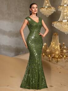 Váy dạ hội mùa hè thanh lịch cổ chữ V kép không tay, chất lượng cao, co giãn, đính sequin họa tiết thực vật, đuôi cá, váy tiệc trang trọng, đầm dạ hội, váy khách mời đám cưới, trang phục lễ hội - Màu xanh Ô liu - Xem 2