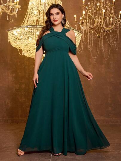 Plus Size Women's Cross Ruffle Collar, Shoulder Strap, Pleated Front, Backless, Flared Hem Bridesmaid Dress