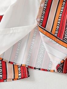 两件套男童斋月图案拼接短袖衬衫配短裤，休闲日常装 - 亮橙色 - 查看 7