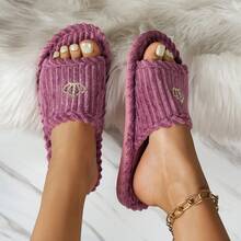 女士家居拖鞋，皇冠仙女图案面料，时尚休闲室内鞋，秋冬款 - 紫色 - 查看 2