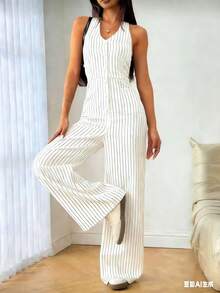 Women's Halter Striped Jumpsuit With Buttons, Wide Leg Tailored Pants, Jumpsuit With Buttons, Wide Leg Jumpsuit, Long Jumpsuit - 白色 - 查看 3