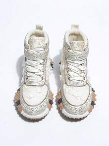 Women's Rhinestone Floral Lace Chunky Sole Low-Top Sneakers | Sparkly Embellished Platform Casual Shoes - White - View 5