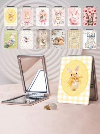 1pc Watercolor Countryside Rabbit Series Compact Folding Vanity Mirror, Lightweight, Ultra-Thin, Portable Hand Mirror, Durable PU Leather, Suitable For Multiple Scenes, All People, Folding Pocket Mirror, Fresh Floral, Bow, Heart, Strawberry Plaid, Cute Rabbit Illustration Design, Exquisite, Foldable Structure, Durable, Reliable, Drop-Resistant, Convenient To Carry, 180° Flip Cover, Multi-Functional