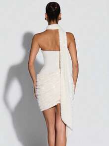 Vestido mini asimétrico plisado de ajuste ceñido sin cuello y sin mangas - Blanco - Ver 3