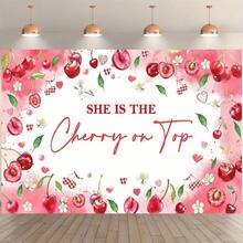 1 件粉色蝴蝶结樱桃主题派对背景横幅 - 印有“她是锦上添花”字样，适用于婴儿派对、生日庆祝、洗礼、新娘派对、拍照墙背景，完美礼物 - 彩色 - 查看 2