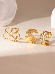 GEREIT Bộ 3 chiếc nhẫn bằng thép không gỉ 18K thiết kế hoa, lá, sóng, thích hợp cho nữ đeo hàng ngày, quà tặng Ngày của Mẹ. - Vàng - Xem 2