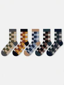 1/5 Pairs Unisex Couple Checkerboard Checkerboard Pattern Artistic Design Combed Cotton Breathable Mid-Calf Socks, Suitable For Travel, Home, Office, Holiday Gifts - Multicolor - View 27