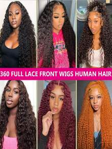 360 Lace Front Wigs Human Hair Deep Wave Glueless Transparent Lace With Drawstring 360 Human Hair Wig Full Lace Pre-Plucked Curly Wet & Wavy Natural Look