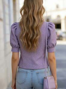 Blusa de mujer con estampado de cuadros, manga corta, cuello con solapa y detalles de botones, ajuste regular, para verano - Púrpura malva - Ver 3