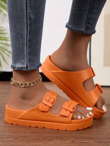 新款厚底可调节绑带拖鞋，女士时尚百搭通勤度假高弹无异味EVA防滑柔软舒适休闲减震拖鞋 - 橘色 - 查看 11