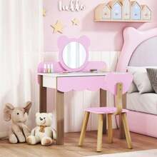 Children's Dressing Table Set With Stool, Makeup Mirror, Bear Shape, Drawer, MDF, Pink