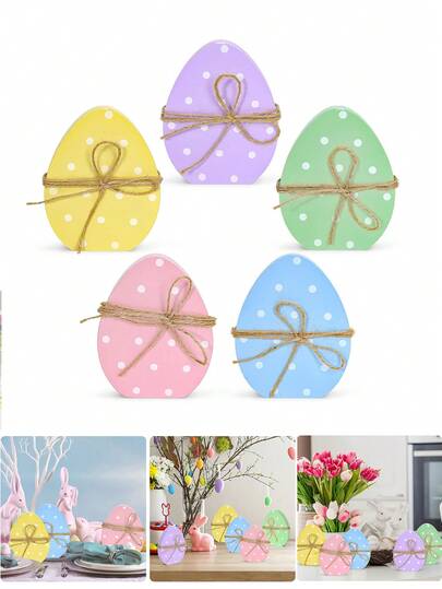 3pcs Easter Egg Wooden Desktop Decor, Polka Dot Pattern, With Rope, Suitable For Home Party Decoration; Easter Egg Wooden Decor Plaque, Colorful Polka Dot Egg Shape, With Jute Rope, Spring Polka Dot Desktop Ornament, Suitable As Gift, Home, Office Party Supplies.