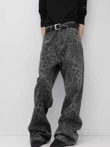 男士四季皆宜美式豹纹街头复古时尚宽松直筒阔腿裤 - 灰色 - 查看 6