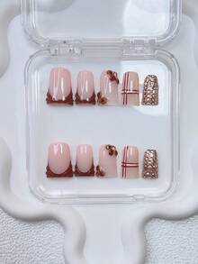 10片装Y2K风鸭嘴美甲贴片套装 - 手工制作，粉色美甲贴片，棕色美甲贴片，棕色法式美甲贴片，手工3D立体花朵，3D棕色花朵美甲，手绘3D水滴图案和条纹设计，闪亮金色水钻装饰 - 彩色 - 查看 11