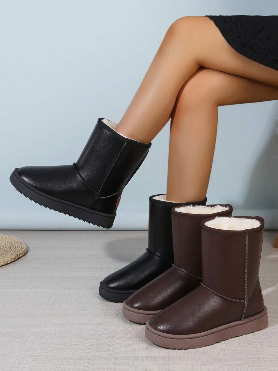 1 Pair Thick Plush Tall Boots, Thick Sole Versatile Women Slip-On Mid-Calf Boots - Multicolor - View 1
