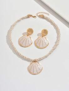 Set de 2 piezas de joyería con colgante de concha de metal y aretes con estilo minimalista y creativo de playa y océano, versátil para mujeres, fiestas de vacaciones, regalo para familia/amigos - Amarillo dorado + beige - Ver 2