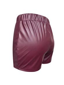 LovelyWholesale 女士时尚休闲百搭Y2K风格弹力腰PU皮紧身短裤，酒红色，适合夏季、派对、夜店穿着 - 酒紅色 - 查看 5