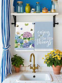 2条水彩蓝色波西米亚几何柠檬绿桉树叶薰衣草图案春夏农舍风厨房毛巾/洗碗布/节日派对用品/浴室手巾，适用于厨房、餐厅和餐桌 - 霧霾藍 - 查看 4