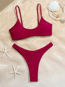两件套女士吊带上衣和丁字裤性感纯色泳衣，露背细肩带，夏季海滩度假 - 酒紅色 - 查看 3
