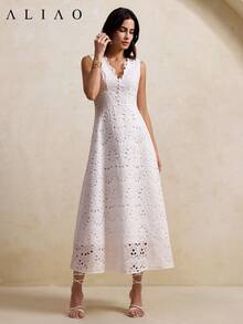 新款女士法式白色无袖V领荷叶边蕾丝镂空刺绣中长连衣裙，修身剪裁，通勤约会皆宜，优雅大方 - 白色 - 查看 4