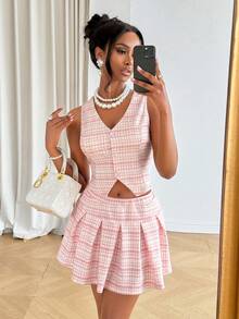 Aliling Women's Sleeveless Vest Button Front & Pleated Mini Skirt Two Pieces Set – Perfect For Elegant Party Looks, Date Night,Graduation, Wedding Guest Summer - Baby Pink - View 7