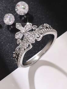 1 pieza Anillo de diseño geométrico cruzado de doble capa, adecuado para el uso diario y la decoración de las mujeres - Plateado - Ver 12