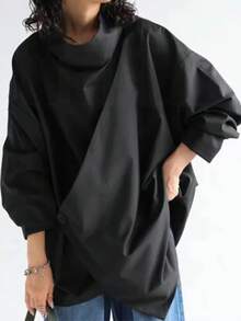 Women's Casual High Neck Loose Pullover Sweater, Solid Color Woven Fabric, Button Decor, Suitable For Office, Daily Wear, Vacation, Spring/Autumn - Black - View 3