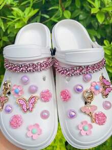 22颗DIY粉色水钻链，可拆卸粉色蝴蝶芭蕾舞鞋装饰纽扣，适用于沙滩鞋、镂空鞋、节日礼物，四季皆宜 - 粉色 - 查看 3