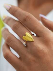 Frminee 1 pieza Anillo de acero inoxidable con baño de oro con forma de corazón, un elegante accesorio de mujer para bodas y fiestas, un anillo de declaración, un anillo de compromiso. - Dorado - Ver 4