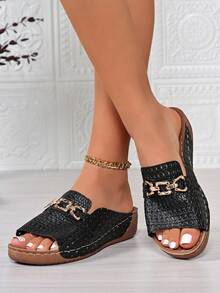 女士时尚新款露趾坡跟镂空套脚轻便沙滩凉鞋 - 黑色 - 查看 4