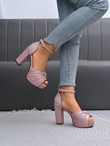 Women's Fashion Comfortable Round Toe Peep-Toe Rhinestone Embellished Open Toe Ankle Strap Buckle Design Outdoor Casual Versatile Dance Party Platform Chunky High Heel Sandals, Pink - Pink - View 7
