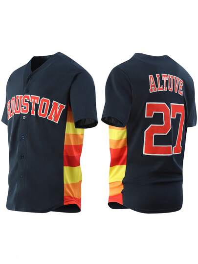 Men's 27 Blue Baseball Jersey Casual Short Sleeved Embroidered And Stitching V-Neck Button T-Shirt Party Sports Top