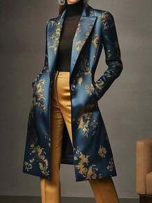Women's Elegant Peaked Lapel Printed Long-Sleeved Mid-Length Suit Jacket Coat - Màu xanh hải quân - Xem 5