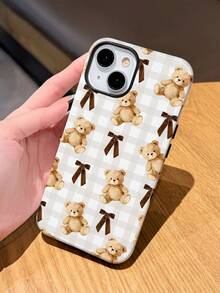 1pc Cute Cartoon Bear Bowknot Retro Plaid Pattern Glossy 2-In-1 Filmic Hard Phone Case, Suitable For Samsung/ 11/12/13/14/15/16/17 Pro Max - Multicolor - View 3