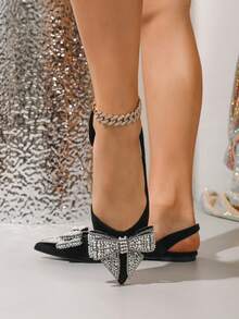 新款时尚女士尖头黑色珍珠蝴蝶结鞋 - 黑色 - 查看 3