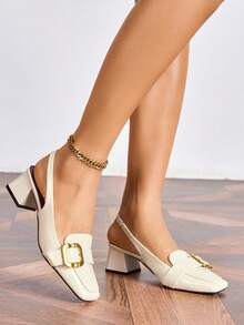 新款法式粗跟凉鞋，酒红色，中低跟，金属方头，优雅女士高跟鞋 - 糯米白色 - 查看 2