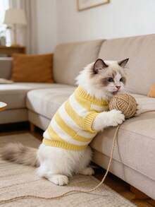 Autumn/Winter High Collar Striped Knitted Pet Sweater, Warm Two-Leg Clothing For Cats And Small/Medium Dogs, Casual Pullover - Yellow - View 1