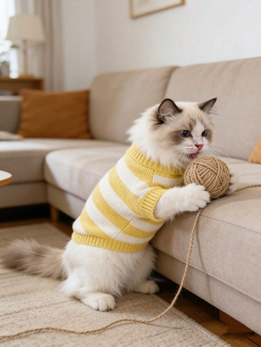 Autumn/Winter High Collar Striped Knitted Pet Sweater, Warm Two-Leg Clothing For Cats And Small/Medium Dogs, Casual Pullover - Yellow - View 1