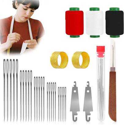 34PCS Steel Needle Set - Large-Eye Sewing Needles - Easy Threading Steel Hand Needles For DIY Sewing, Embroidery, And Mending With Thread Spools & Accessories