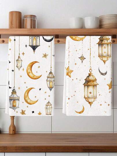 2pcs Ramadan Kitchen Towels Kitchen Cloths, Polyester Hand Towels With Moon Pattern, Super Soft Woven Dishcloths, Machine Washable, Ideal For Holiday Gifts & Home Decor.